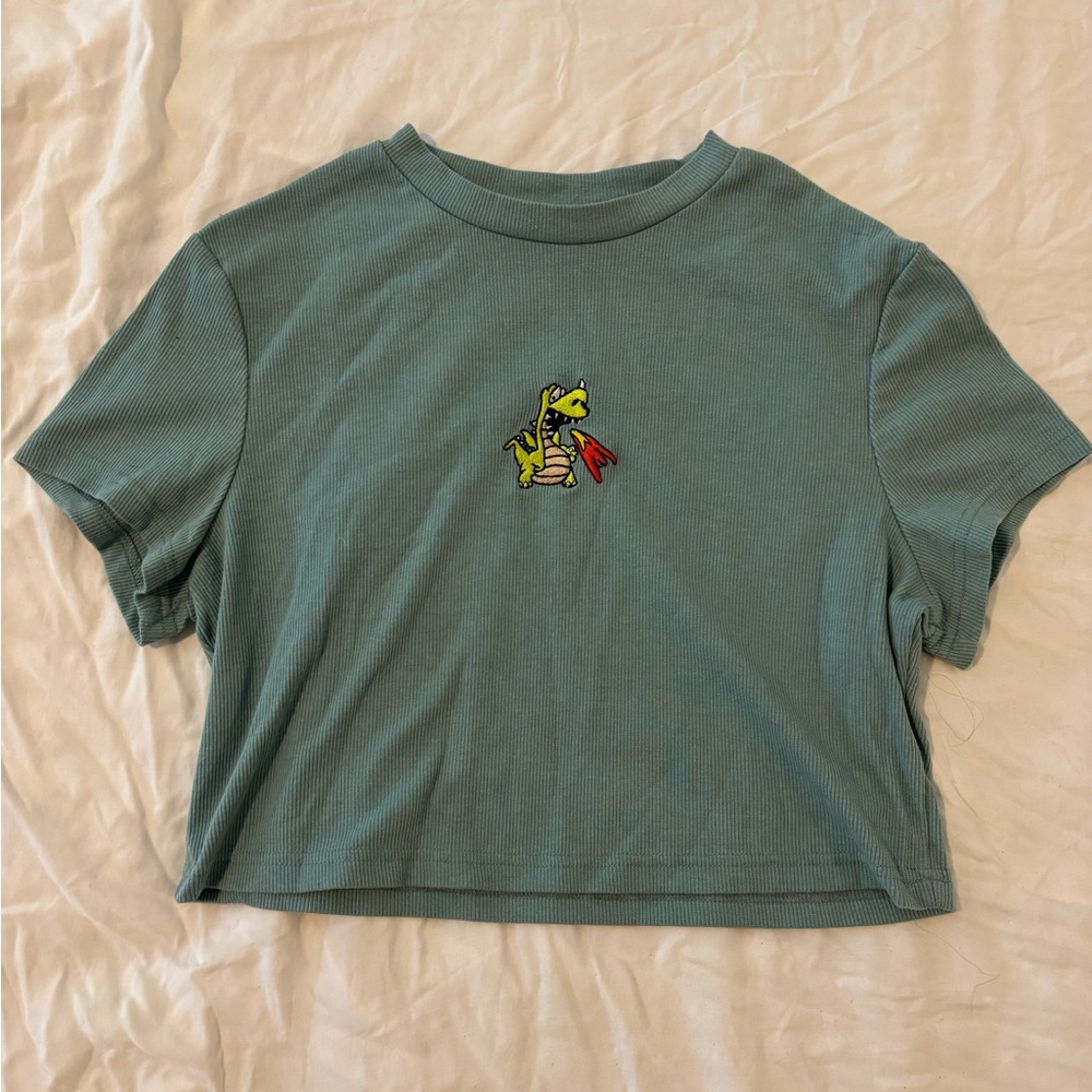 SHEIN Green ribbed cropped baby tee dragon embroidery